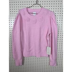 NWT Pink Flower Applique Puff Sleeve Sweater Large